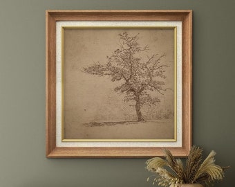 Premium Framed Wall Art Rustic Forest Tree Field Landscape Print Antique Vintage Art Mid-Century Farmhouse Wall Decor