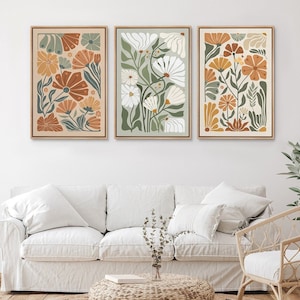 Framed Canvas Wall Art Print Set of 3 Wildflower Floral Green Botanical Illustrations Minimalist Modern Boho Wall Decor for Living Room