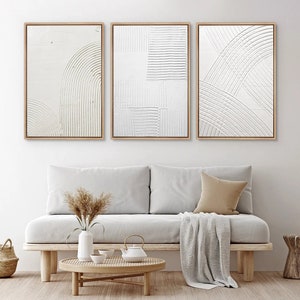 Framed Canvas Wall Art Set of 3 White Abstract Prints Geometic Painting Modern Minimalist Wall Art Neutral Decor for Bedroom