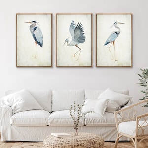Framed Canvas Watercolor Heron Bird Wall Art Set of 3 Minimalist Blue Crane Animal Prints Asia Artwork Coastal Nature Decor for Bathroom