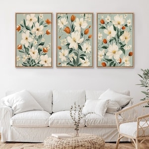 Framed Canvas Wall Art Set of 3 Lily Tulip Flowers Floral Botanical Prints Rustic Modern Art Minimalist Boho Wall Decor