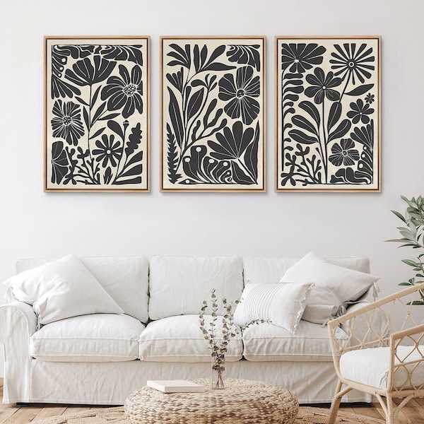 Framed Abstract Floral Wall Art Set, Black & Beige Botanical Canvas Prints, Modern Minimal Decor for Living Room Bedroom Office