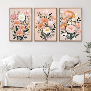 Framed Canvas Wall Art Set of 3 Pink Flowers Floral Botanical Prints Minimalist Modern Art Boho Wall Decor