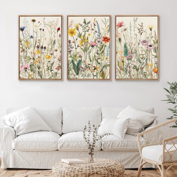 Vintage Wildflower Wall Art Set of 3, Framed Botanical Floral Canvas Prints, Cottagecore Nature Decor for Living Room