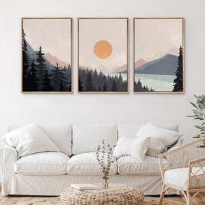 Framed Canvas Wall Art Set of 3 Sunset Forest Landscape Abstract Illustrations Prints Modern Art Minimalist Boho Wall Decor