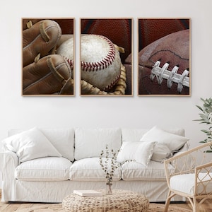 Framed Canvas Wall Art Set of 3 Baseball, Mitt, Football & Basketball Sports Athletes Photography Prints Modern Art Vintage Wall Decor