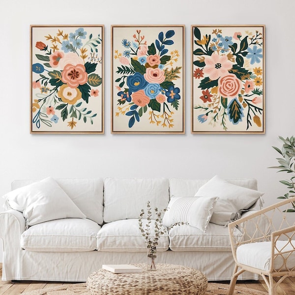 Framed Canvas Wall Art Set of 3 Coloful Wildflowers Abstract Floral Botanical Prints Minimalist Modern Art Boho Wall Decor