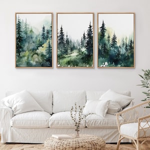 Framed Canvas Wall Art Set of 3 Green Watercolor Forest Landscape Prints Minimalist Modern Art Nature Wall Decor