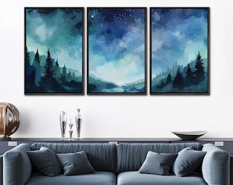 Framed Canvas Wall Art Set of 3 Watercolor Blue Starry Night Sky Forest Landscape Prints Minimalist Modern Art Nature Wall Decor
