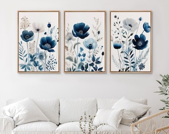 Framed Canvas Wall Art Prints Set of 3 Navy Blue Wildflowers Botanical Floral Mid Century Modern Boho Wall Art Living Room Decor