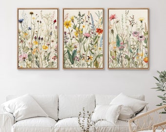 Lienzo enmarcado, conjunto de arte de pared, acuarela, flores silvestres, estampados botánicos florales, arte moderno minimalista, decoración de pared Boho