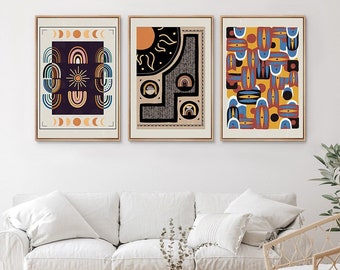 Framed Canvas Wall Art Set of 3 Abstract Geometric Shapes Astronomy Sun Colorful Mysterious Prints Mid Century Modern Wall Art Boho Decor