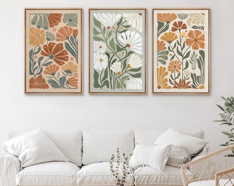 Ensemble de 3 impressions d'art mural sur toile encadrée, fleurs sauvages, fleurs vertes, illustrations botaniques, décoration murale bohème moderne et minimaliste pour le salon