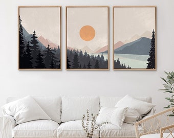 Framed Canvas Wall Art Set of 3 Sunset Forest Landscape Abstract Illustrations Prints Modern Art Minimalist Boho Wall Decor