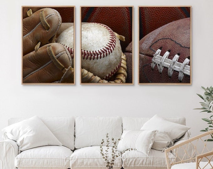 Framed Canvas Wall Art Set of 3 Baseball, Mitt, Football & Basketball Sports Athletes Photography Prints Modern Art Vintage Wall Decor