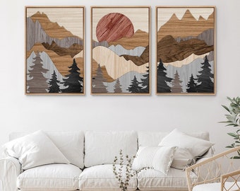 May include: Three framed woodblock prints of a mountain landscape with a red sun setting behind the peaks. The prints are in shades of brown, gray, and black.