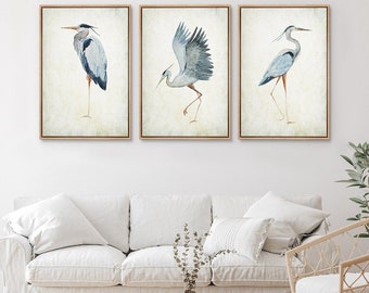 Framed Canvas Watercolor Heron Bird Wall Art Set of 3 Minimalist Blue Crane Animal Prints Asia Artwork Coastal Nature Decor for Bathroom