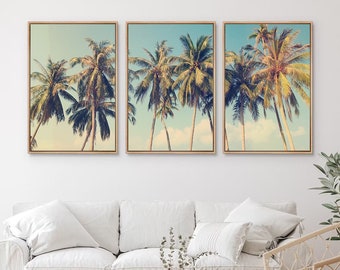 Framed Canvas Wall Art Set of 3 Tropical Green Palm Tree Leaves Sky Photography Prints Coastal Modern Art Vintage Wall Decor