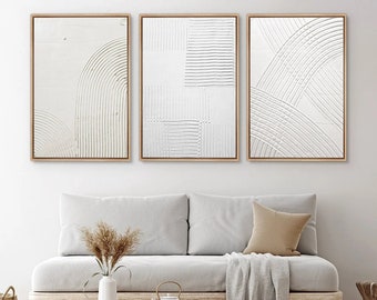 Framed Canvas Wall Art Set of 3 White Abstract Prints Geometic Painting Modern Minimalist Wall Art Neutral Decor for Bedroom