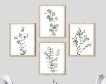 Gallery Wall Art Prints Set of 4, Eucalyptus Leaves Prints, Watercolor Botanical Art Prints, Minimalist Nature Decor, Poster