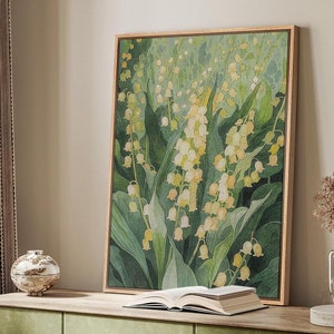 Framed Canvas Wall Art Prints Vintage Lily of the Valley with Green Foliage Spring Botanical Print Nature Floral Artwork Bedroom wall decor
