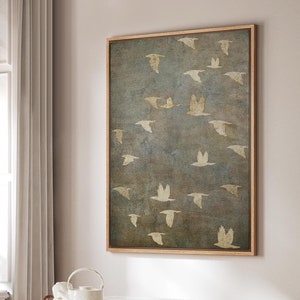Framed Canvas Wall Art Prints Abstract Flying Flock of Birds in Neutral Tones Rustic Nature Wall Decor Minimalist Artwork Living Room Decor