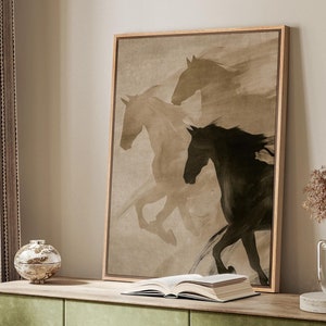 Framed Canvas Wall Art Prints Dynamic Galloping Horses in Sepia Tones, Rustic and Elegant Artwork, Living Room or Office Wall Decor