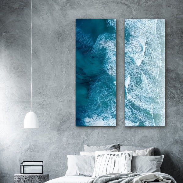 Framed Canvas Wall Art Set of 2 Navy Blue Beach Ocean Wave Photography Prints Minimalist Modern Art Nature Wall Decor