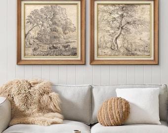 Premium Framed Wall Art Set of 2 Vintage Countryside Forest Tree Landscape Art Print Antique Rustic Farmhouse Wall Decor