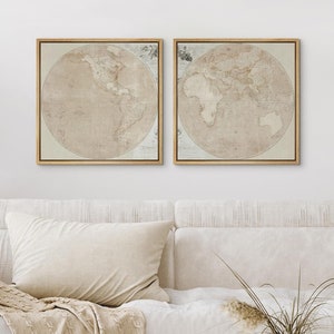Framed Canvas Wall Art Set of 2 Brown Vintage World Map Prints Travel Prints Minimalist Modern Wall Art Decor