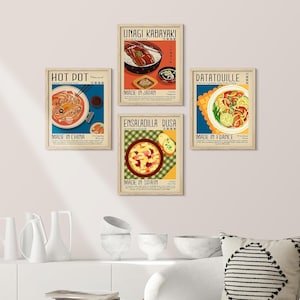 Framed Prints Wall Art Set of 4 World Cuisine Delicious Foods Prints Mid Century Modern Wall Art Retro Kitchen Wall Decor