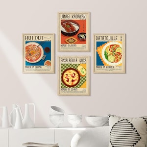 Framed Prints Wall Art Set of 4 World Cuisine Delicious Foods Prints Mid Century Modern Wall Art Retro Kitchen Wall Decor