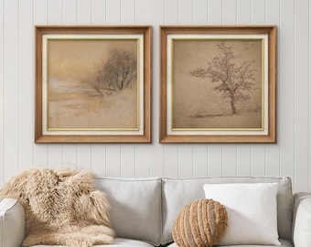 Premium Framed Wall Art Set of 2 Countryside Impressionism Tree Landscape Print Antique Vintage Art Rustic Farmhouse Wall Decor