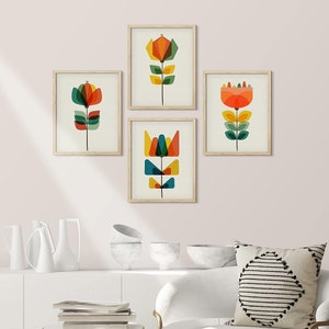Gallery Wall Art Prints Set of 4, Abstract Geometric Flower Prints, Colorful Floral Prints, Botanical Decor, Modern Poster Framed | Unframed