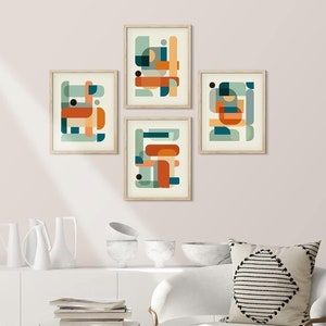 Juego de 4 impresiones artísticas de pared de galería, arte mural con pintura geométrica colorida de mediados de siglo, póster abstracto multicolor