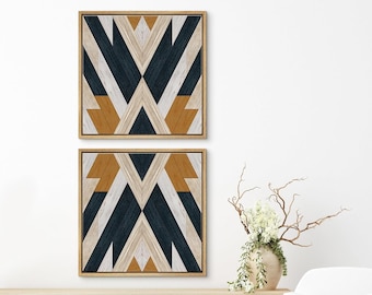 Framed Canvas Wall Art Set of 2 Southwestern Wood Panel Geometric Pattern Collage Print Abstract Modern Wall Art Rustic Western Decor