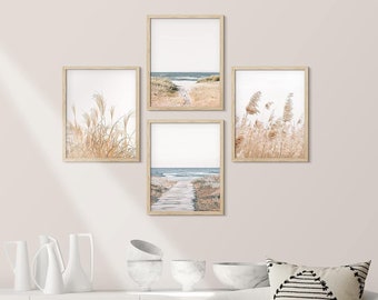 Gallery Wall Art Prints Set of 4, Coastal Wall Art Decor, Beach Ocean Nature Landscape Prints, Pampas Grass Prints, Poster