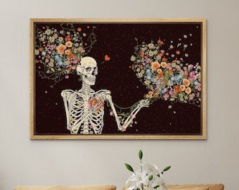 May include: A skeleton with a heart made of flowers, surrounded by a dark background with a small red heart in the top right corner. The skeleton is holding out its hand towards a cluster of flowers.