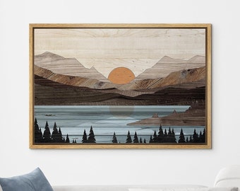 Framed Canvas Print Wall Art Wood Panel Forest Mountain Landscape Illustration Abstract Modern Art Rustic Western Decor