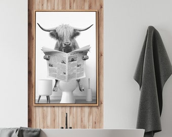 Framed Funny Highland Cow Bathroom Wall Art, Black & White Animal Photography Canvas Print, Humorous Farm Animal Toilet Decor for Bathroom