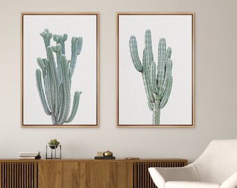 Framed Canvas Wall Art Set of 2 Green Cactus Photography Prints Minimalist Modern Art Western Decor