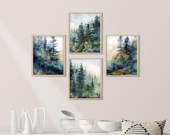 Framed Prints Wall Art Set of 4 Misty Forest Botanical Prints Nature Landscape Minimalist Modern Wall Art Boho Decor for Living Room