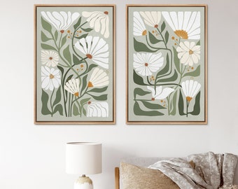 Framed Canvas Wall Art Prints Set of 2 Abstract Green Botanical Floral Print Wildflower Boho Wall Art Living Room Decor