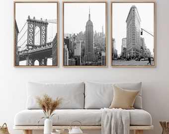 Framed Canvas Wall Art Set of 3 Black and White New York City Architecture Scenes Travel Prints Minimalist Modern Wall Art Decor