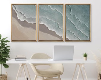 Framed Canvas Wall Art Set of 3 Coastal Beach Ocean Blue Prints Neutral Wall Art Minimalist Modern Wall Decor Living Room