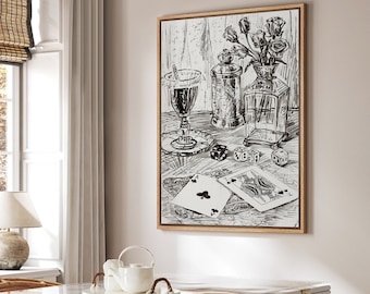 May include: Black and white illustration of a still life with a glass of wine, two bottles, a vase of roses, and playing cards on a table. The illustration is framed and hanging on a wall.