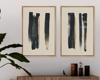 Framed Canvas Wall Art Set of 2 Black Strokes Abstract Prints Minimalist Modern Wall Art Neutral Decor