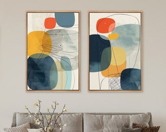 Framed Canvas Wall Art Prints Set of 2 Colorful Polygon Abstract Shapes Geometric Print Mid Century Modern Wall Art Minimalist Wall Decor