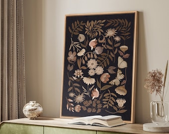Framed Vintage Floral Wall Art, Moody Dark Botanical Canvas Print, Elegant Nature Decor for Living Room Bedroom Office