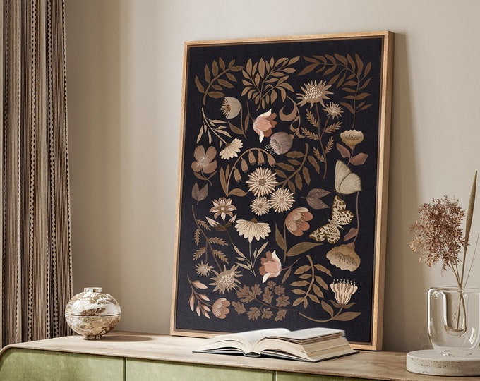 Framed Vintage Floral Wall Art, Moody Dark Botanical Canvas Print, Elegant Nature Decor for Living Room Bedroom Office